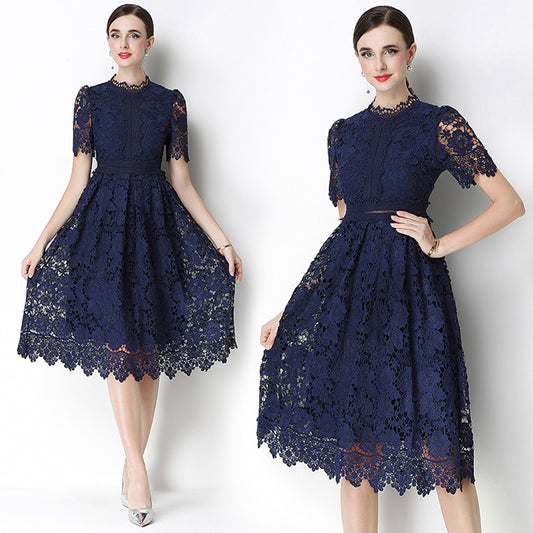 CM-DY070629 Women Elegant European Style Lace Stand Collar Short Sleeve Hollow Out Midi Dress - Navy Blue