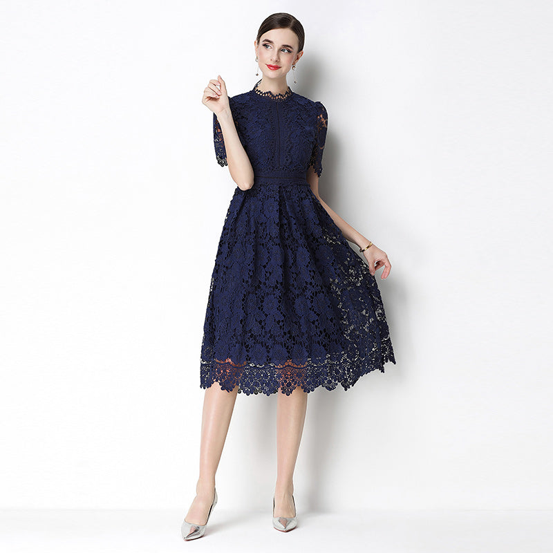CM-DY070629 Women Elegant European Style Lace Stand Collar Short Sleeve Hollow Out Midi Dress - Navy Blue