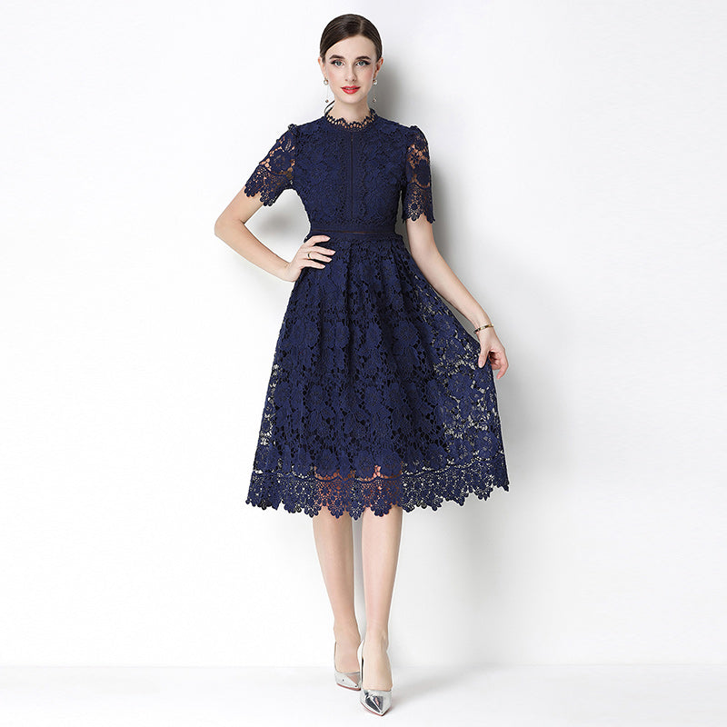 CM-DY070629 Women Elegant European Style Lace Stand Collar Short Sleeve Hollow Out Midi Dress - Navy Blue