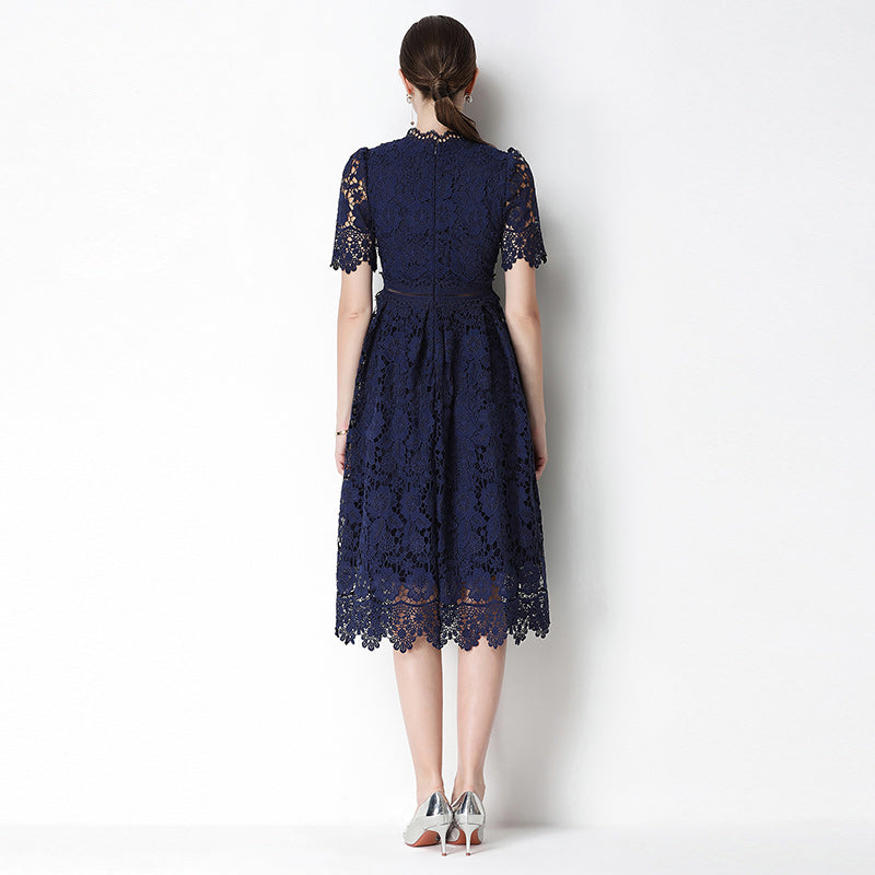 CM-DY070629 Women Elegant European Style Lace Stand Collar Short Sleeve Hollow Out Midi Dress - Navy Blue