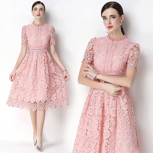 CM-DY070630 Women Elegant European Style Lace Stand Collar Short Sleeve Hollow Out Midi Dress - Pink
