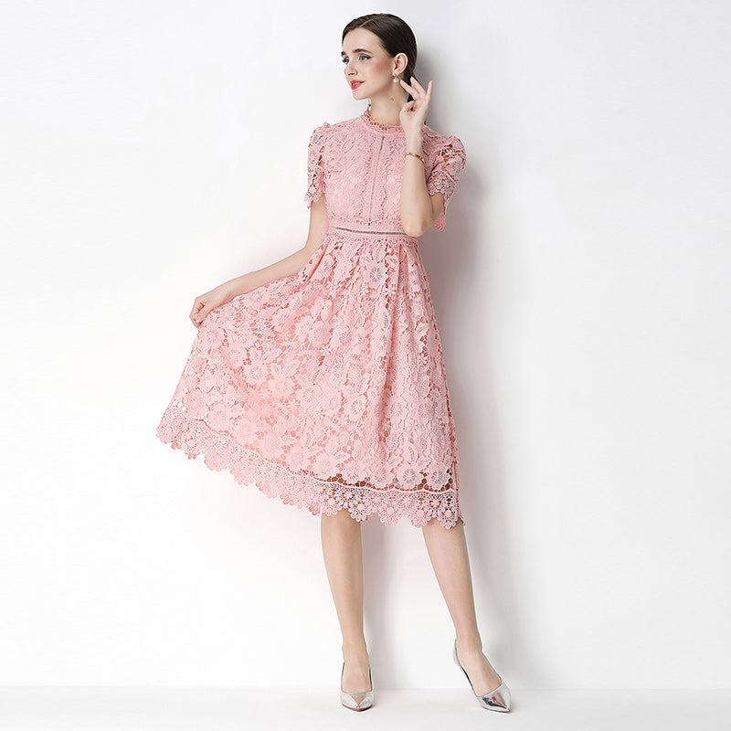 CM-DY070630 Women Elegant European Style Lace Stand Collar Short Sleeve Hollow Out Midi Dress - Pink