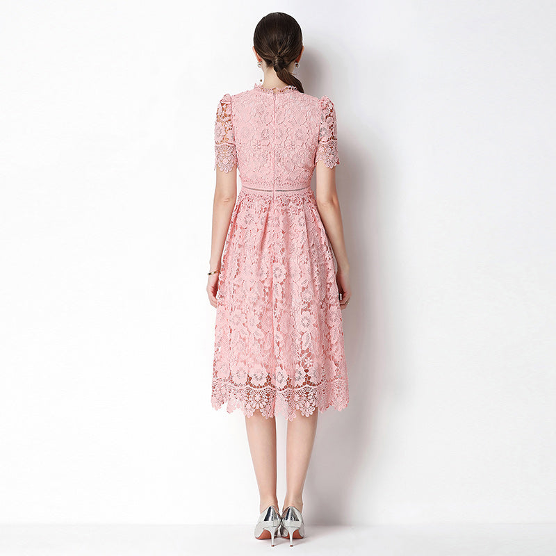 CM-DY070630 Women Elegant European Style Lace Stand Collar Short Sleeve Hollow Out Midi Dress - Pink