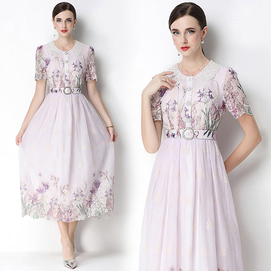 CM-DY070631 Women Elegant European Style Round Neck Short Sleeve Embroidery Floral Print Midi Dress - Light Purple