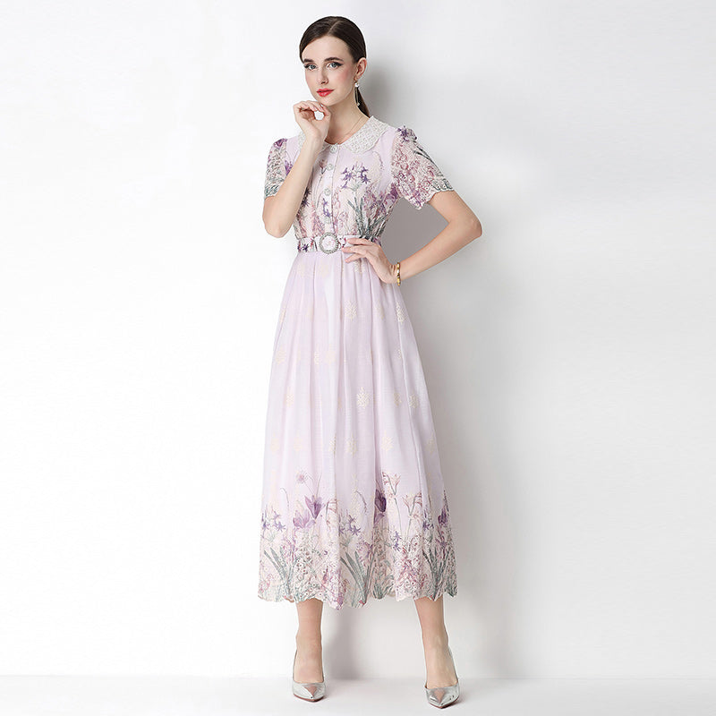 CM-DY070631 Women Elegant European Style Round Neck Short Sleeve Embroidery Floral Print Midi Dress - Light Purple