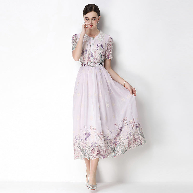 CM-DY070631 Women Elegant European Style Round Neck Short Sleeve Embroidery Floral Print Midi Dress - Light Purple