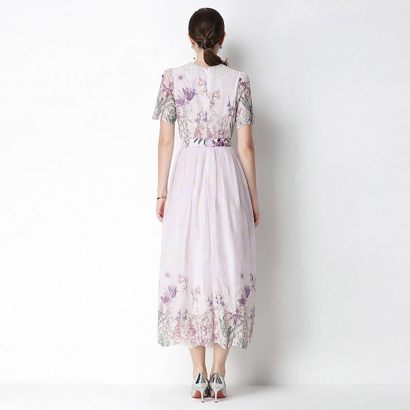 CM-DY070631 Women Elegant European Style Round Neck Short Sleeve Embroidery Floral Print Midi Dress - Light Purple