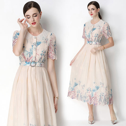 CM-DY070632 Women Elegant European Style Round Neck Short Sleeve Embroidery Floral Print Midi Dress - Apricot
