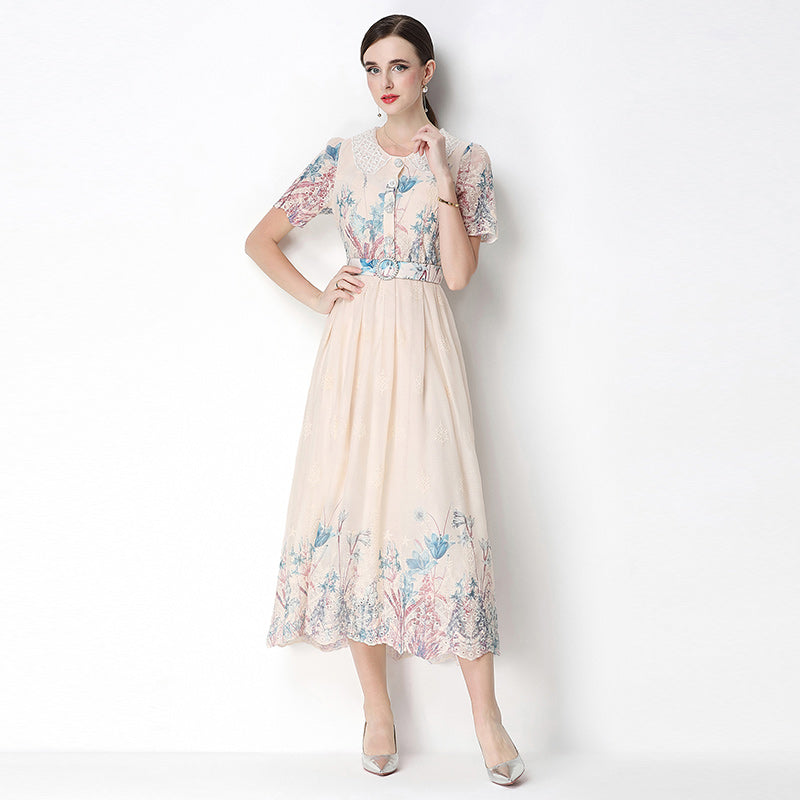 CM-DY070632 Women Elegant European Style Round Neck Short Sleeve Embroidery Floral Print Midi Dress - Apricot