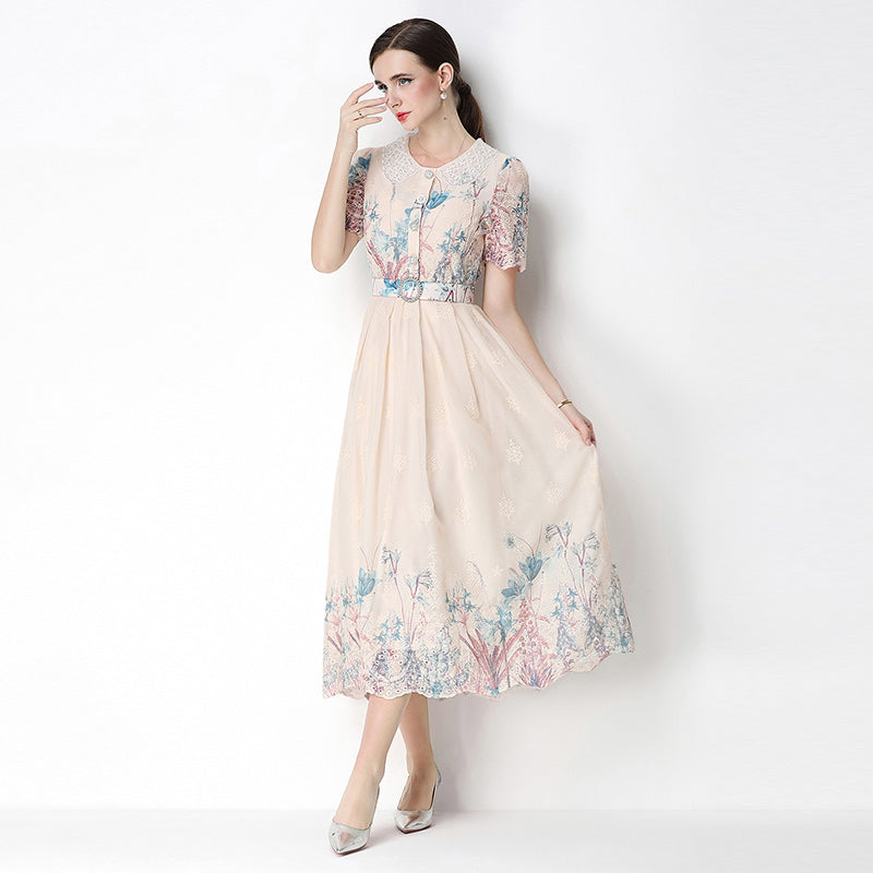CM-DY070632 Women Elegant European Style Round Neck Short Sleeve Embroidery Floral Print Midi Dress - Apricot