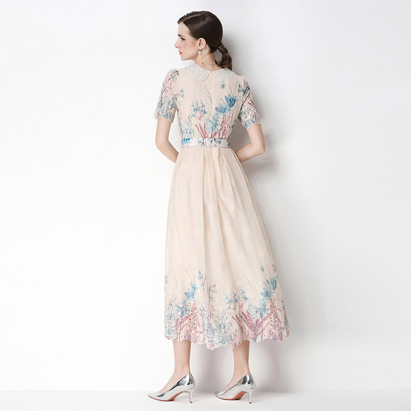 CM-DY070632 Women Elegant European Style Round Neck Short Sleeve Embroidery Floral Print Midi Dress - Apricot