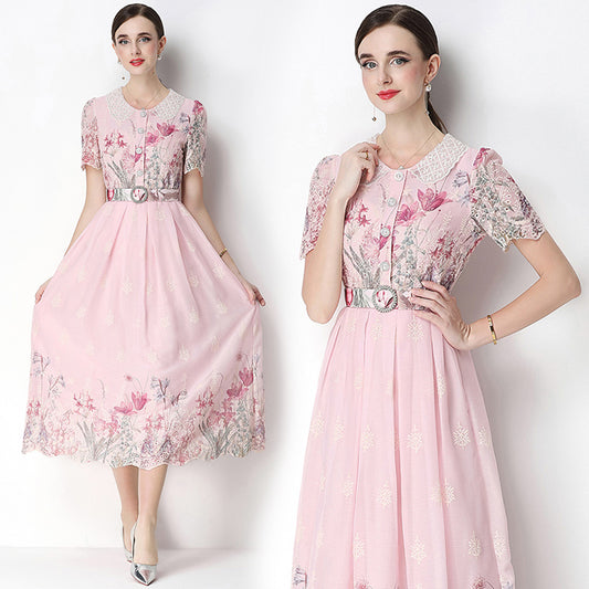 CM-DY070633 Women Elegant European Style Round Neck Short Sleeve Embroidery Floral Print Midi Dress - Pink