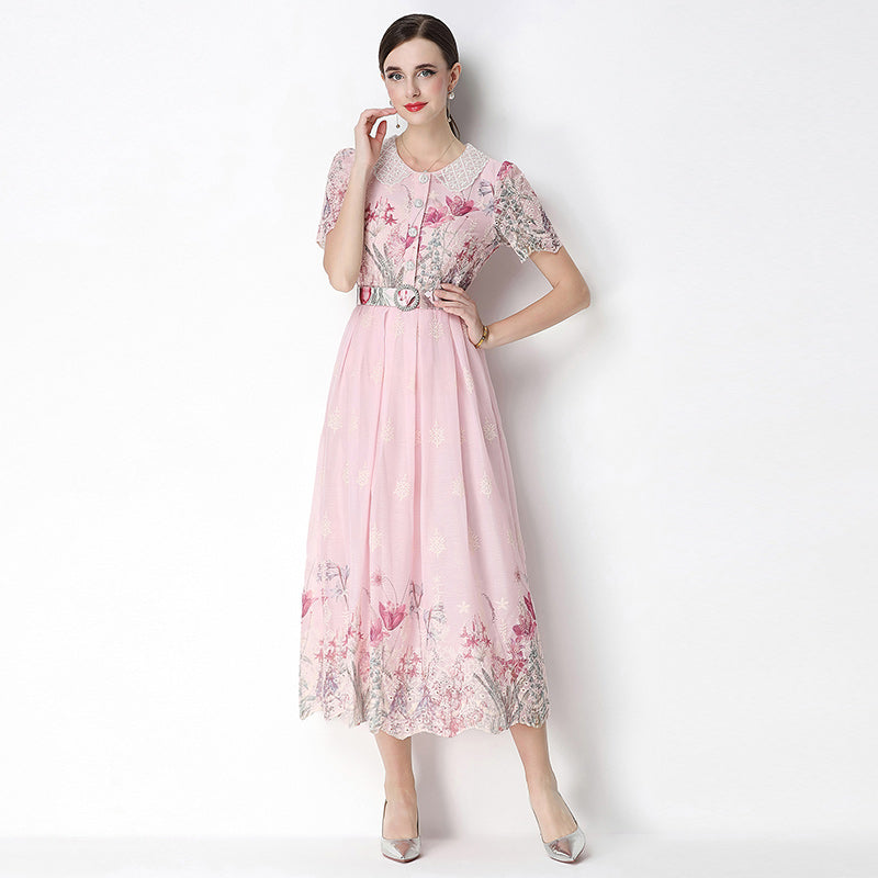CM-DY070633 Women Elegant European Style Round Neck Short Sleeve Embroidery Floral Print Midi Dress - Pink