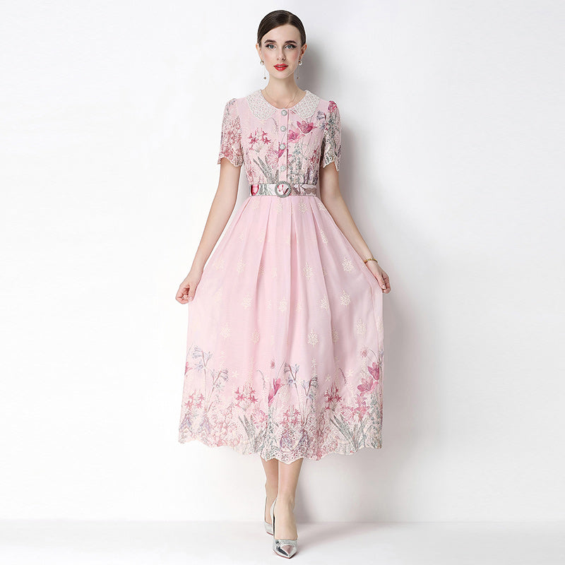 CM-DY070633 Women Elegant European Style Round Neck Short Sleeve Embroidery Floral Print Midi Dress - Pink