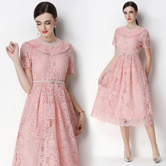 CM-DY070634 Women Elegant European Style Leaf Collar Short Sleeve Hollow Out Lace Midi Dress - Pink