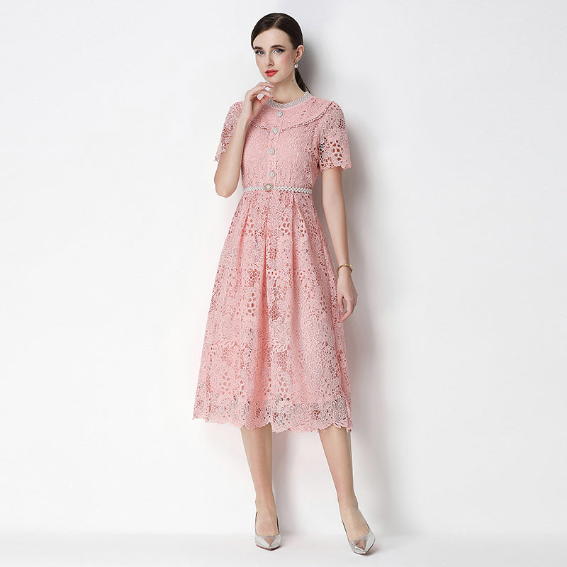 CM-DY070634 Women Elegant European Style Leaf Collar Short Sleeve Hollow Out Lace Midi Dress - Pink
