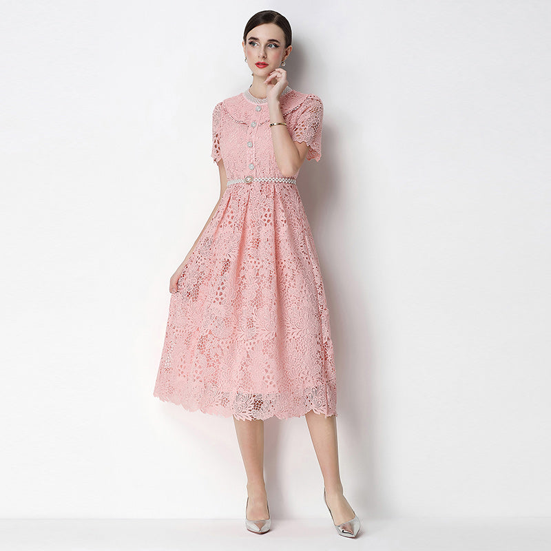 CM-DY070634 Women Elegant European Style Leaf Collar Short Sleeve Hollow Out Lace Midi Dress - Pink