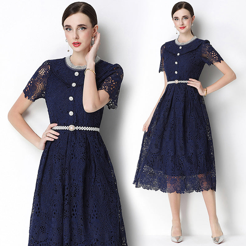 CM-DY070635 Women Elegant European Style Leaf Collar Short Sleeve Hollow Out Lace Midi Dress - Navy Blue