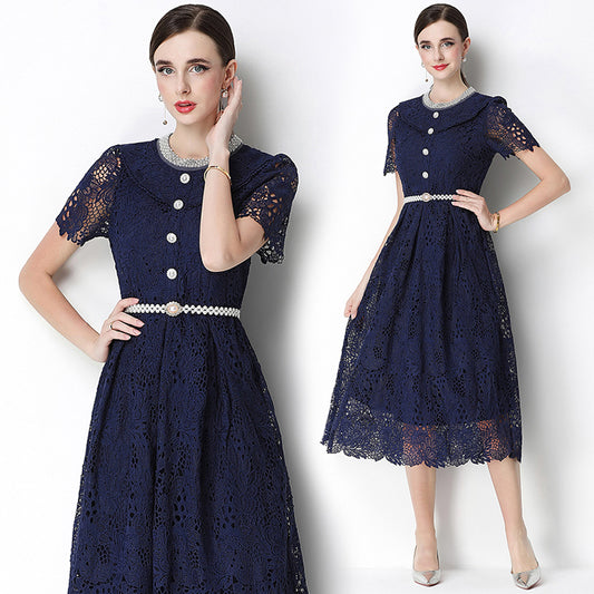 CM-DY070635 Women Elegant European Style Leaf Collar Short Sleeve Hollow Out Lace Midi Dress - Navy Blue