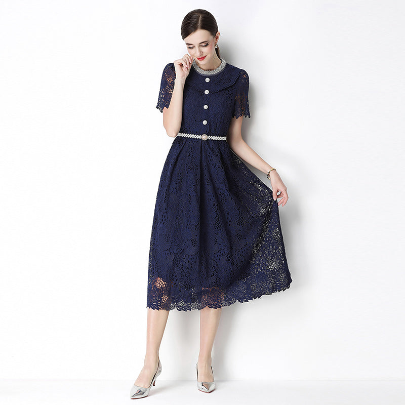 CM-DY070635 Women Elegant European Style Leaf Collar Short Sleeve Hollow Out Lace Midi Dress - Navy Blue