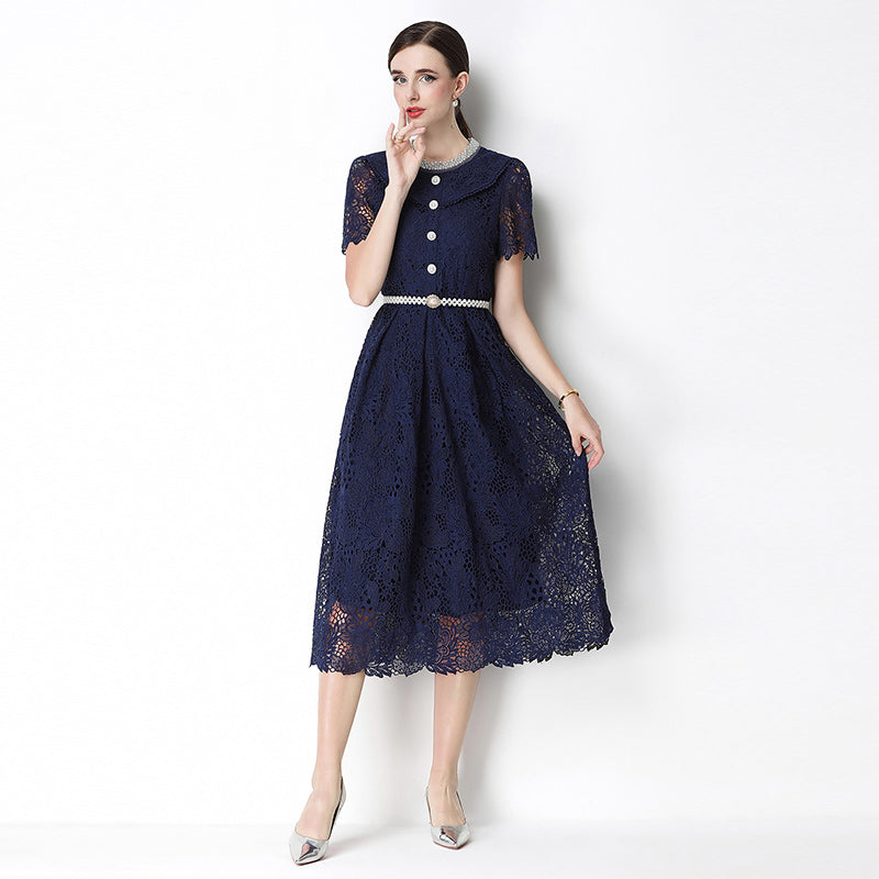 CM-DY070635 Women Elegant European Style Leaf Collar Short Sleeve Hollow Out Lace Midi Dress - Navy Blue