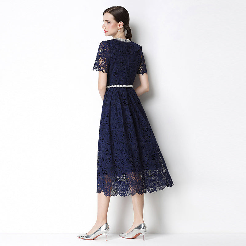 CM-DY070635 Women Elegant European Style Leaf Collar Short Sleeve Hollow Out Lace Midi Dress - Navy Blue