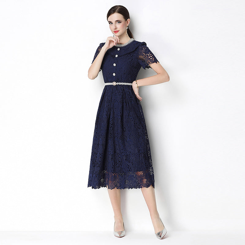 CM-DY070635 Women Elegant European Style Leaf Collar Short Sleeve Hollow Out Lace Midi Dress - Navy Blue
