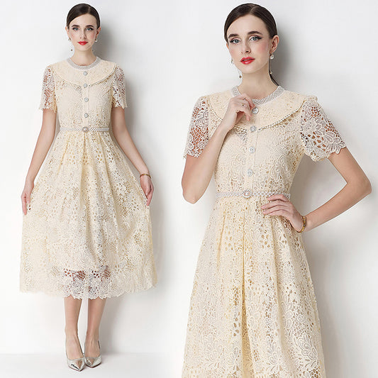 CM-DY070636 Women Elegant European Style Leaf Collar Short Sleeve Hollow Out Lace Midi Dress - Apricot