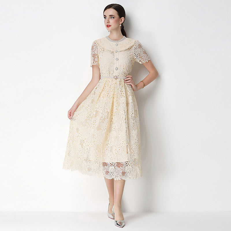 CM-DY070636 Women Elegant European Style Leaf Collar Short Sleeve Hollow Out Lace Midi Dress - Apricot