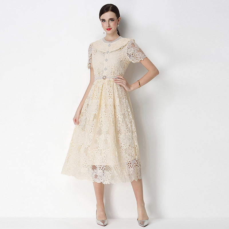CM-DY070636 Women Elegant European Style Leaf Collar Short Sleeve Hollow Out Lace Midi Dress - Apricot