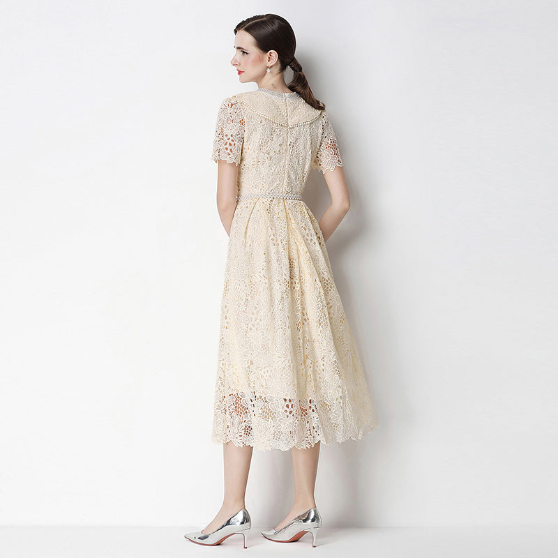 CM-DY070636 Women Elegant European Style Leaf Collar Short Sleeve Hollow Out Lace Midi Dress - Apricot