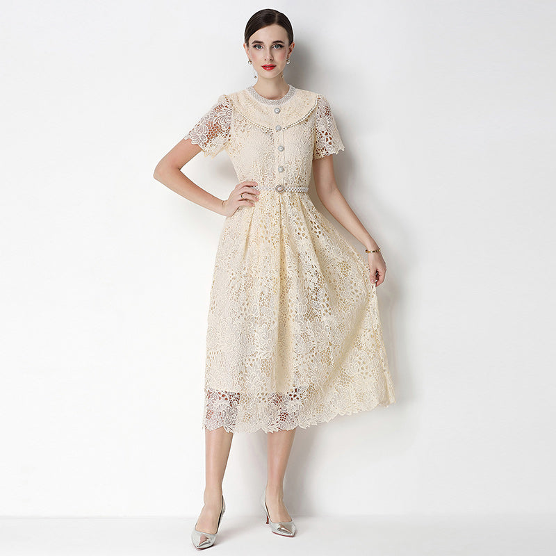 CM-DY070636 Women Elegant European Style Leaf Collar Short Sleeve Hollow Out Lace Midi Dress - Apricot