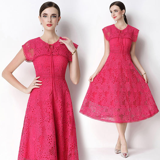 CM-DY070639 Women Elegant European Style Leaf Collar Short Sleeve Lace Hollow Out Slim Midi Dress - Rose Red