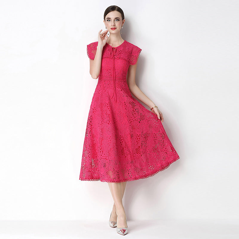 CM-DY070639 Women Elegant European Style Leaf Collar Short Sleeve Lace Hollow Out Slim Midi Dress - Rose Red