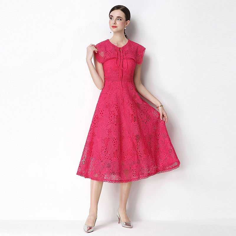 CM-DY070639 Women Elegant European Style Leaf Collar Short Sleeve Lace Hollow Out Slim Midi Dress - Rose Red