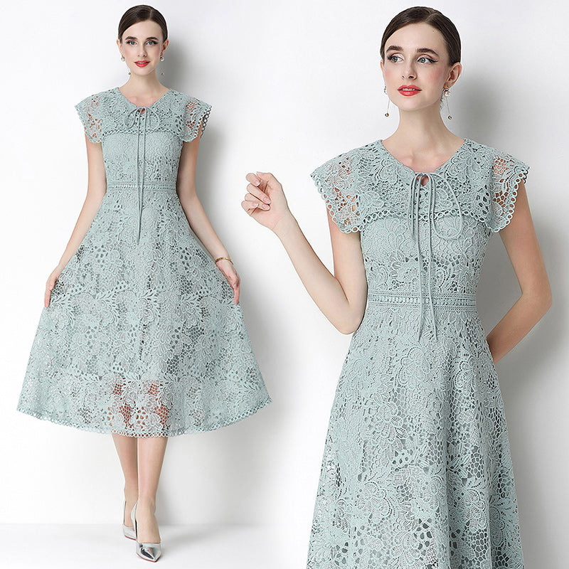 CM-DY070640 Women Elegant European Style Leaf Collar Short Sleeve Lace Hollow Out Slim Midi Dress - Light Green