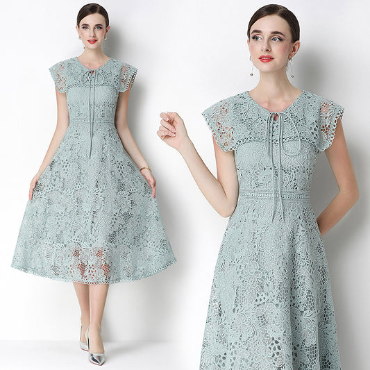 CM-DY070640 Women Elegant European Style Leaf Collar Short Sleeve Lace Hollow Out Slim Midi Dress - Light Green