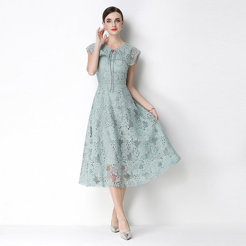 CM-DY070640 Women Elegant European Style Leaf Collar Short Sleeve Lace Hollow Out Slim Midi Dress - Light Green