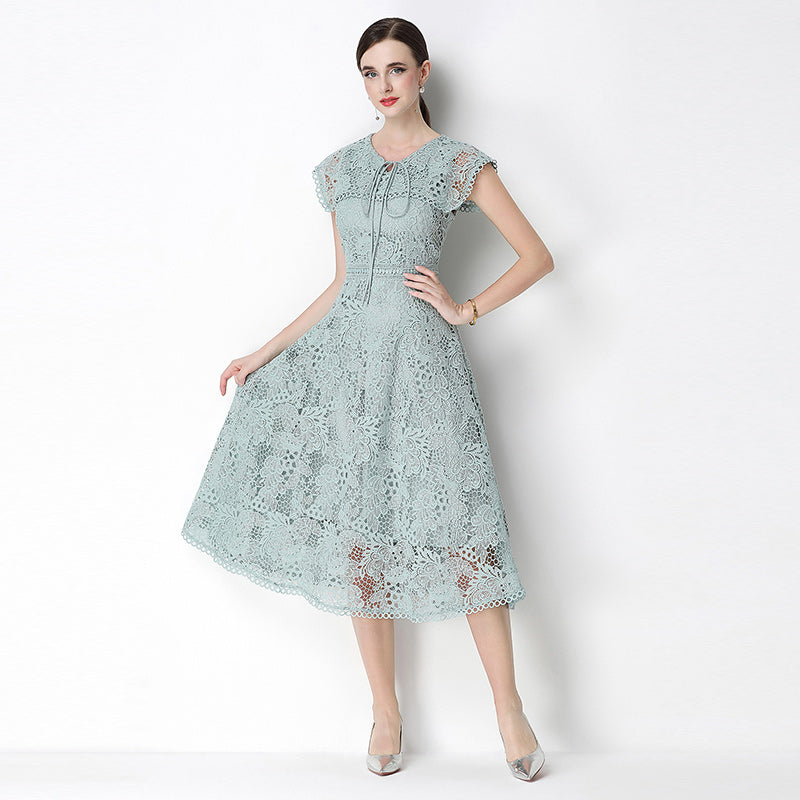 CM-DY070640 Women Elegant European Style Leaf Collar Short Sleeve Lace Hollow Out Slim Midi Dress - Light Green