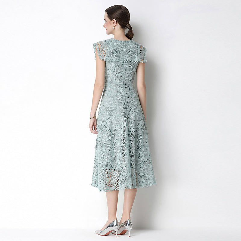 CM-DY070640 Women Elegant European Style Leaf Collar Short Sleeve Lace Hollow Out Slim Midi Dress - Light Green
