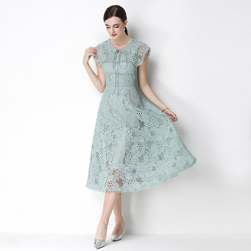 CM-DY070640 Women Elegant European Style Leaf Collar Short Sleeve Lace Hollow Out Slim Midi Dress - Light Green
