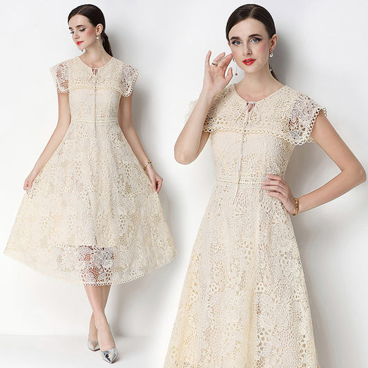 CM-DY070641 Women Elegant European Style Leaf Collar Short Sleeve Lace Hollow Out Slim Midi Dress - Apricot