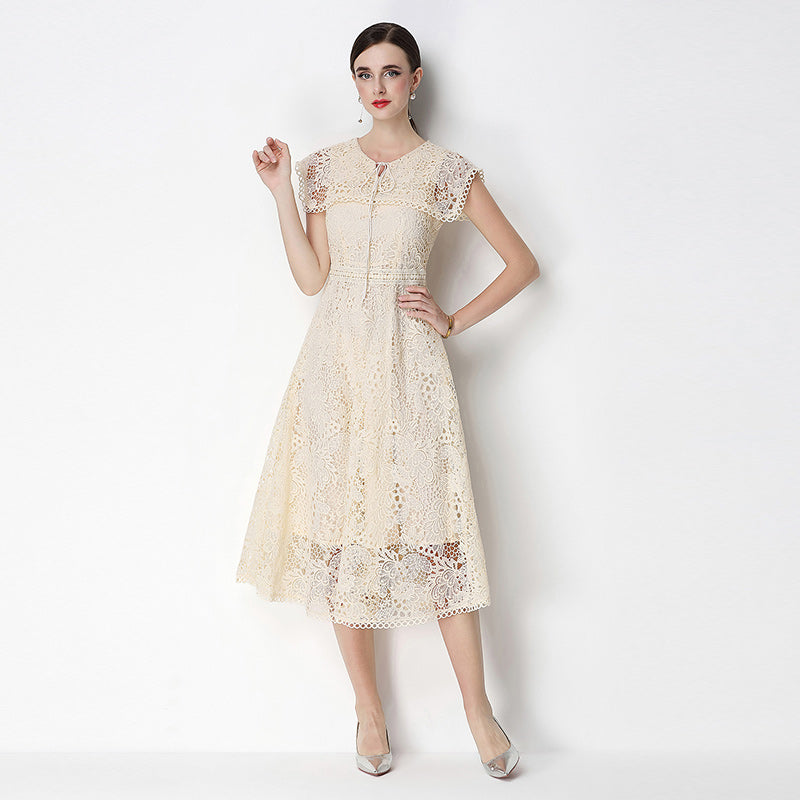 CM-DY070641 Women Elegant European Style Leaf Collar Short Sleeve Lace Hollow Out Slim Midi Dress - Apricot