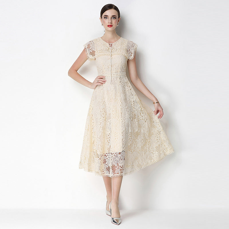 CM-DY070641 Women Elegant European Style Leaf Collar Short Sleeve Lace Hollow Out Slim Midi Dress - Apricot