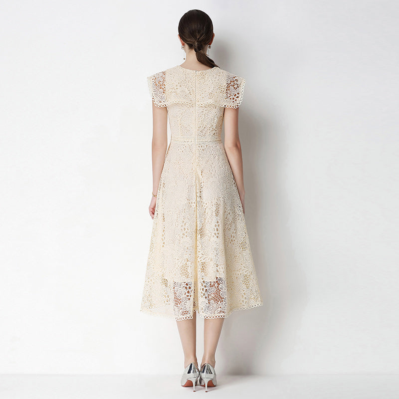 CM-DY070641 Women Elegant European Style Leaf Collar Short Sleeve Lace Hollow Out Slim Midi Dress - Apricot