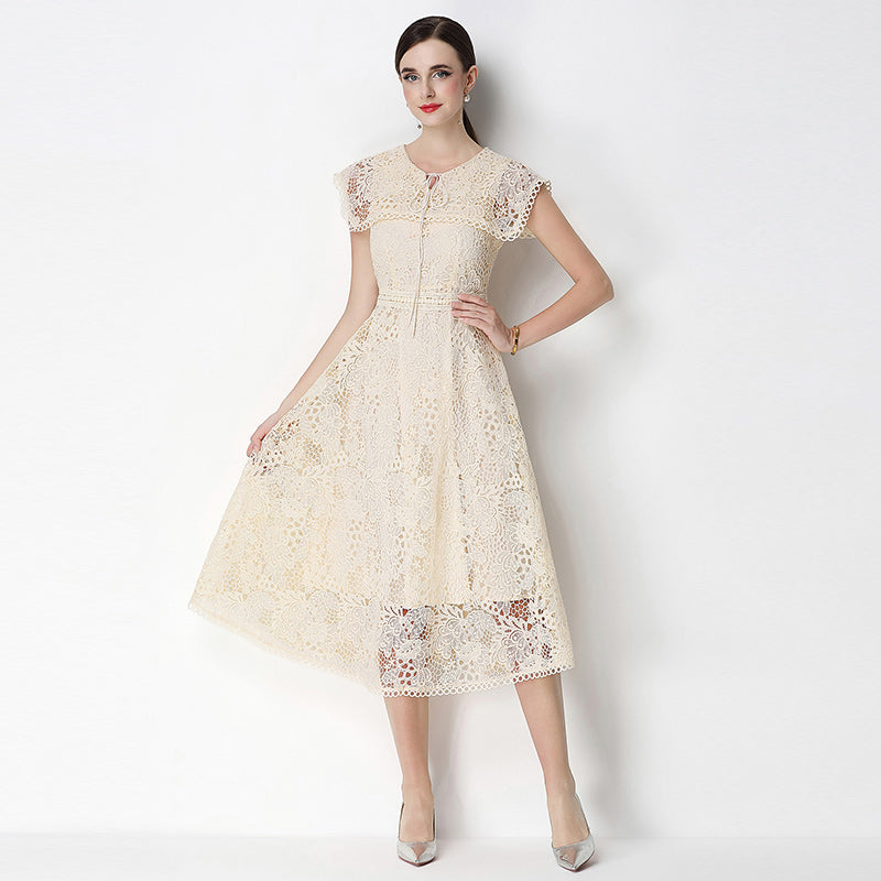 CM-DY070641 Women Elegant European Style Leaf Collar Short Sleeve Lace Hollow Out Slim Midi Dress - Apricot
