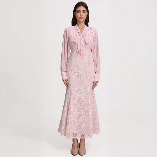CM-DY070708 Women Elegant European Style Scarf Collar Long Sleeve Pinched Waist Mermaid Dress - Pink