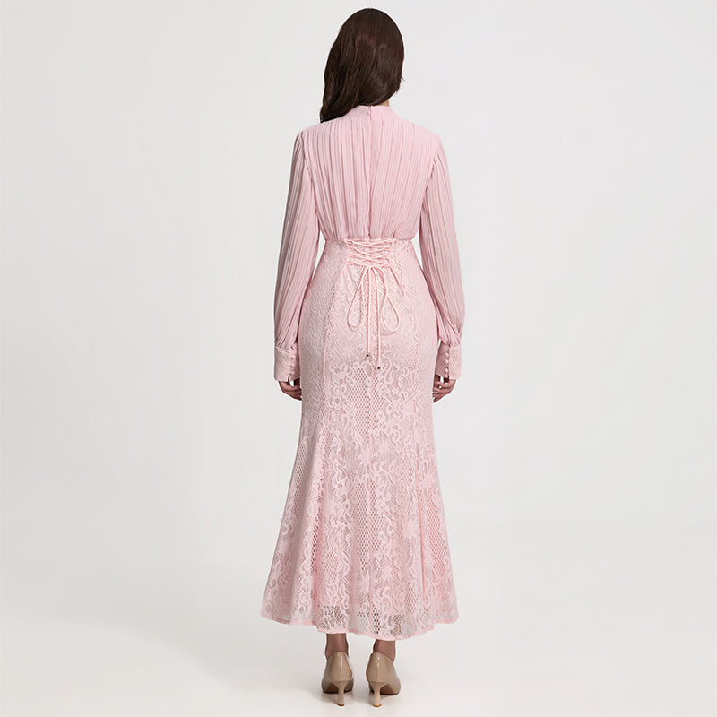 CM-DY070708 Women Elegant European Style Scarf Collar Long Sleeve Pinched Waist Mermaid Dress - Pink