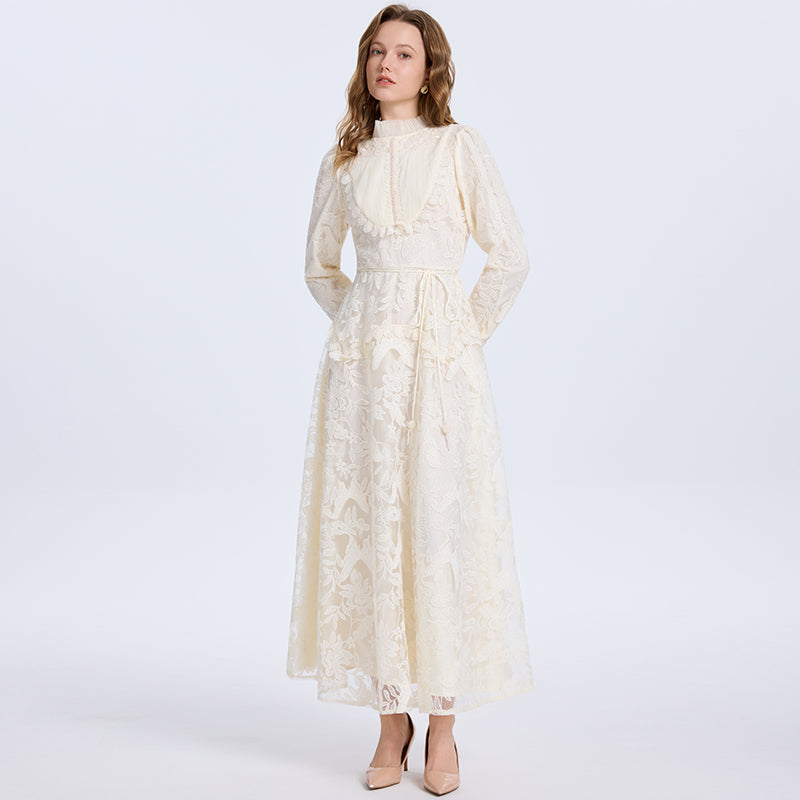 CM-DY070709 Women Elegant European Style Round Neck Long Sleeve High Waist Embroidered A-Line Dress - Apricot