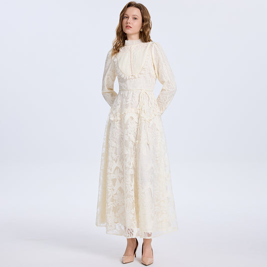 CM-DY070709 Women Elegant European Style Round Neck Long Sleeve High Waist Embroidered A-Line Dress - Apricot